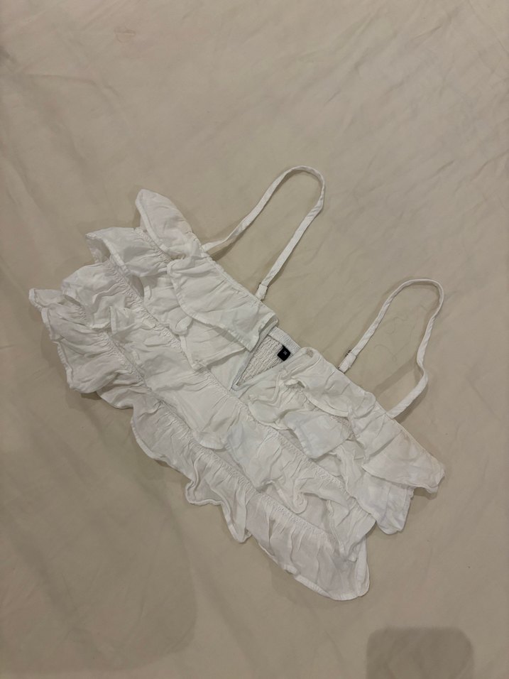 Fırfırlı Askılı Beyaz Keten Bustiyer - Görsel 3