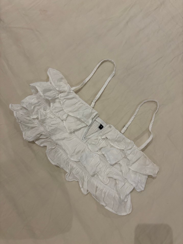 Fırfırlı Askılı Beyaz Keten Bustiyer - Görsel 4