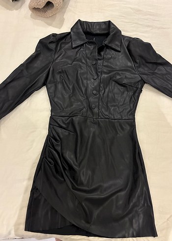 Düğmeli Siyah Deri Mini Elbise - Görsel 2