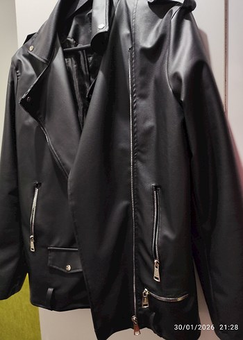 Siyah Biker Deri Ceket Fermuarlı - Görsel 5