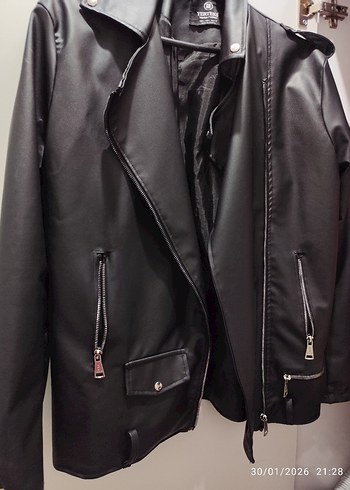 Siyah Biker Deri Ceket Fermuarlı - Görsel 2