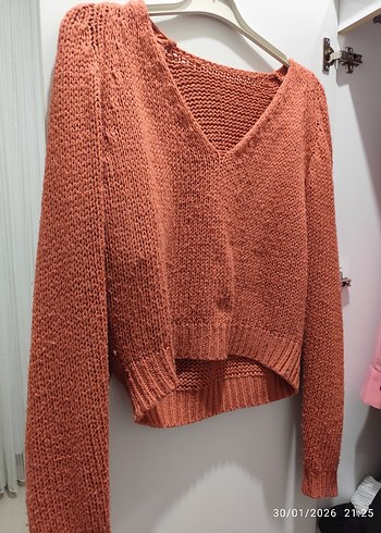 V Yaka Bohem Tarz Kadın Örgü Kazak - Görsel 3