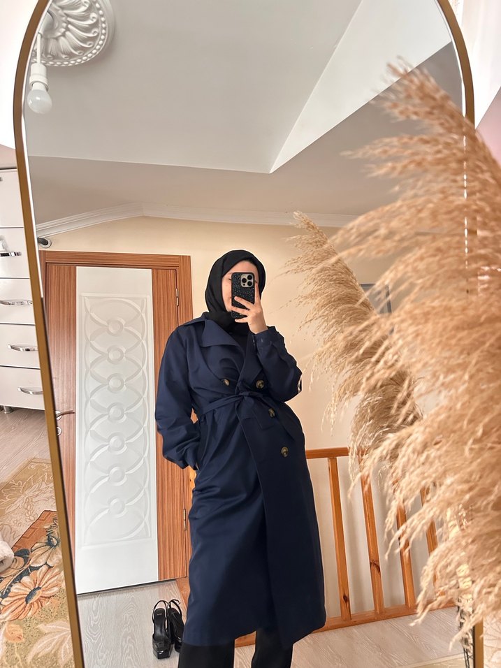 Kadın lacivert Uzun Trençkot - Görsel 2