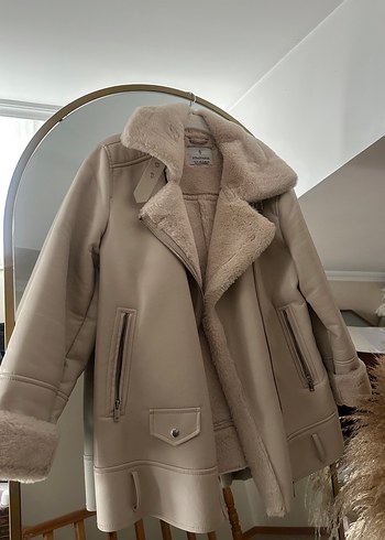 Bej Deri ve Kürk Detaylı Midi Kadın Ceket - Görsel 2