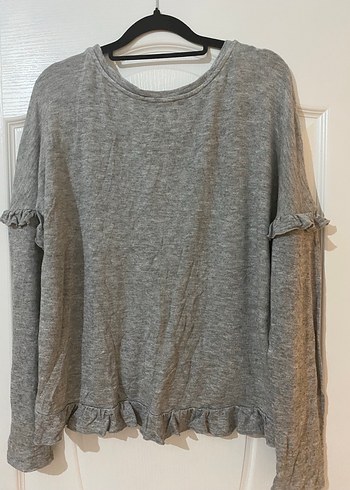 Gri Fırfırlı Uzun Kollu Kadın Keten Kazak - Görsel 3