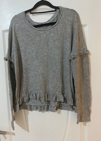 Gri Fırfırlı Uzun Kollu Kadın Keten Kazak - Görsel 2