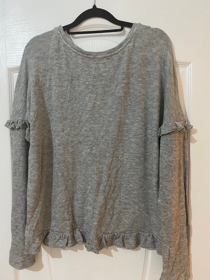 Gri Fırfırlı Uzun Kollu Kadın Keten Kazak - Görsel 3