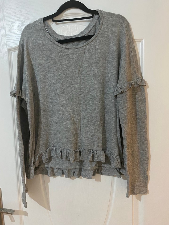 Gri Fırfırlı Uzun Kollu Kadın Keten Kazak - Görsel 2