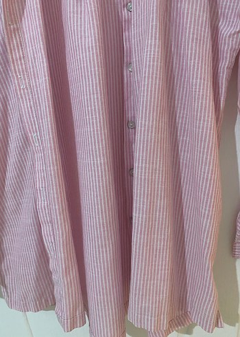 Pembe Keten Rahat Kesim Uzun Kollu Gömlek - Görsel 3
