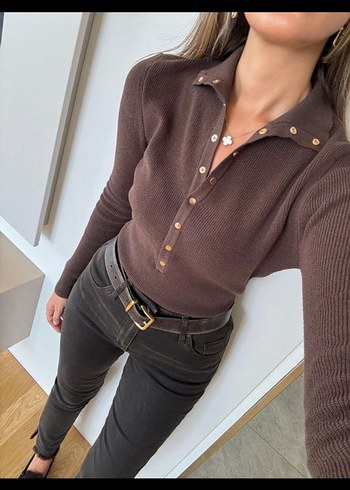 Kahverengi Düğmeli Kadın Triko - Görsel 2
