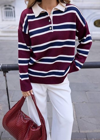 Bordo Ekose Örgü Kadın Kazak - Görsel 3