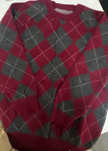 Bordo Ekose Desenli Kadın Triko Kazak - Görsel 2