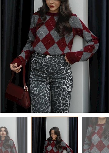 Bordo Ekose Desenli Kadın Triko Kazak - Görsel 3