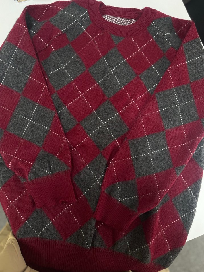 Bordo Ekose Desenli Kadın Triko Kazak - Görsel 2