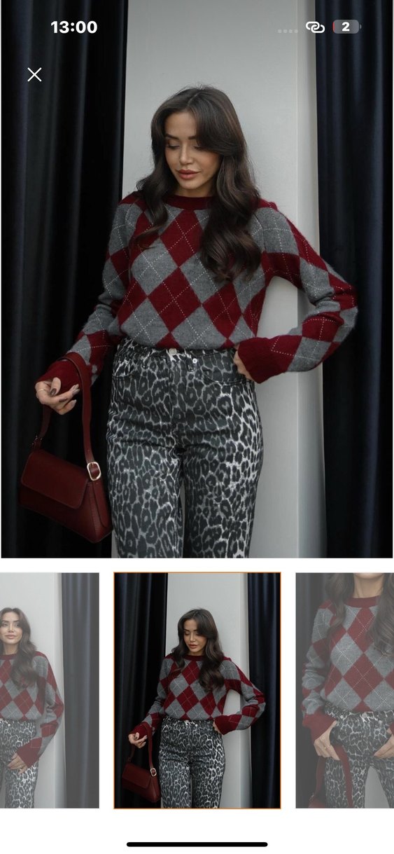 Bordo Ekose Desenli Kadın Triko Kazak - Görsel 3