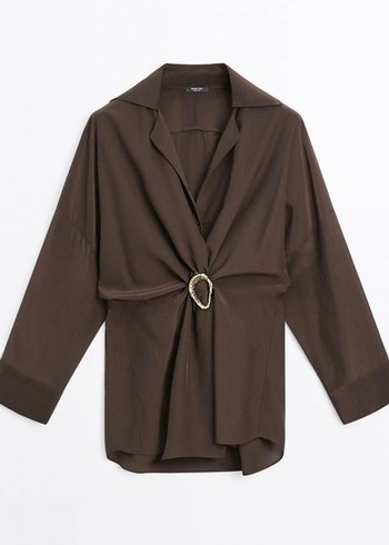 Düğmeli Kahverengi Uzun Keten Kadın Gömlek - Görsel 2