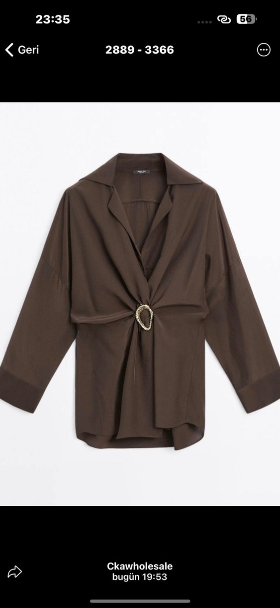 Düğmeli Kahverengi Uzun Keten Kadın Gömlek - Görsel 2