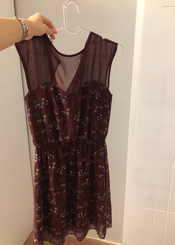 Bordo V Yaka Transparan Midi Bohem Elbise