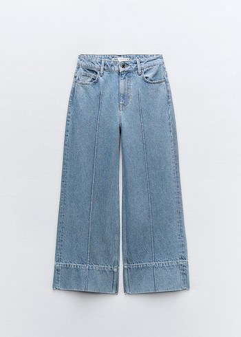 Zara Kadın Mavi Denim Pilili Geniş Paça Jean