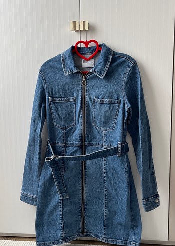 Kadın Mavi Kemerli Denim Elbise