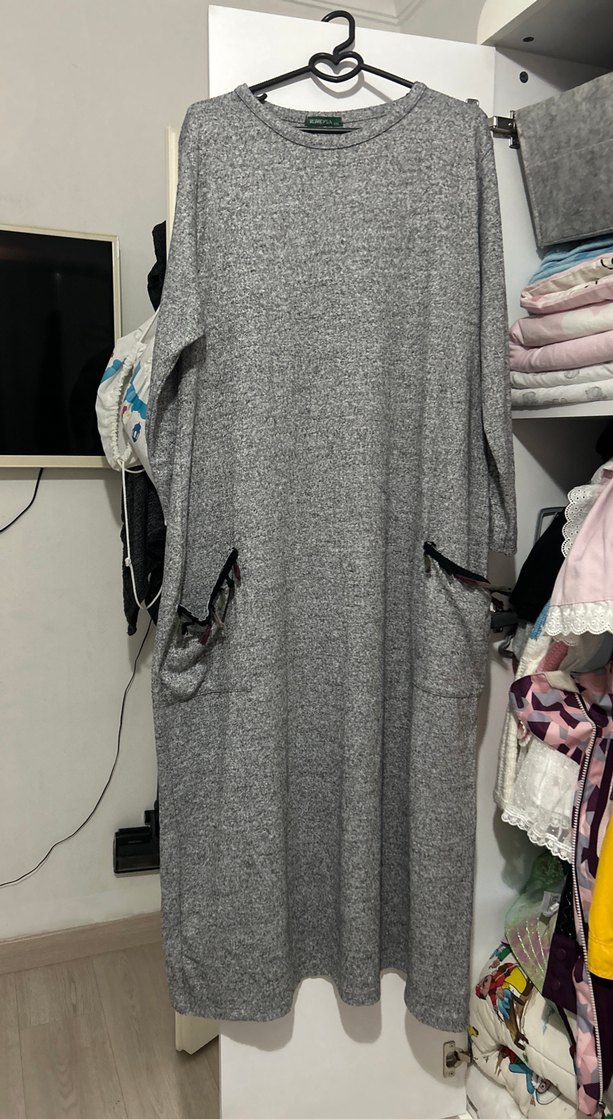 Gri Uzun Kollu Triko Elbise - Görsel 5