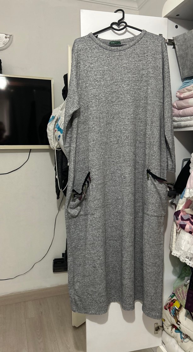 Gri Uzun Kollu Triko Elbise - Görsel 4