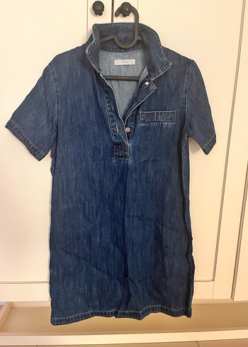 Düğmeli Lacivert Kısa Kollu Kadın Denim Elbise