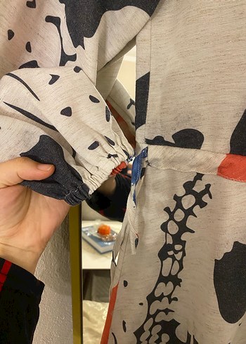 Gri Çok Renkli Bağlama Desenli Uzun Keten Elbise - Görsel 2