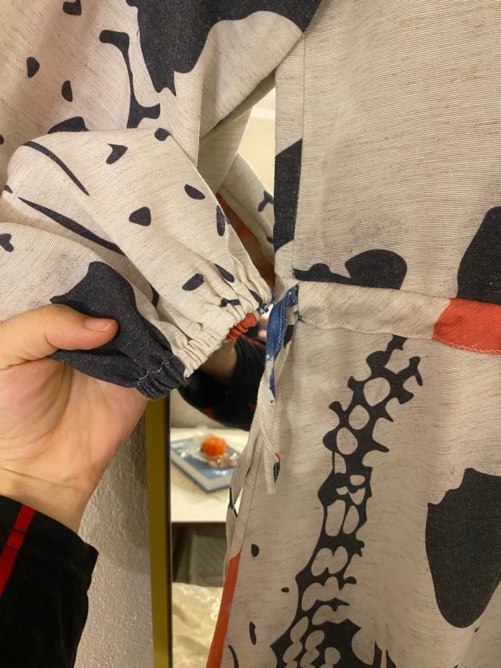 Gri Çok Renkli Bağlama Desenli Uzun Keten Elbise - Görsel 2