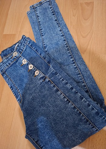 l Beden Düğmeli Mavi Kadın Denim dar paça Pantolon