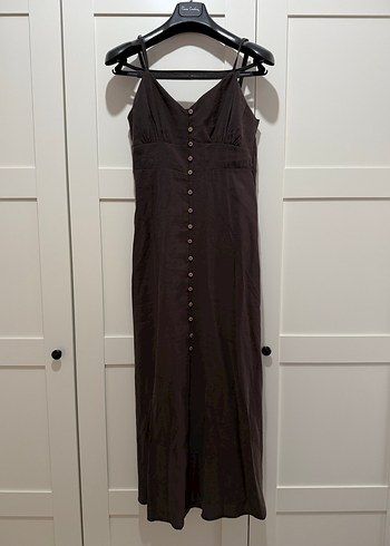 Düğmeli Koyu Kahve Keten Uzun Elbise - Görsel 2