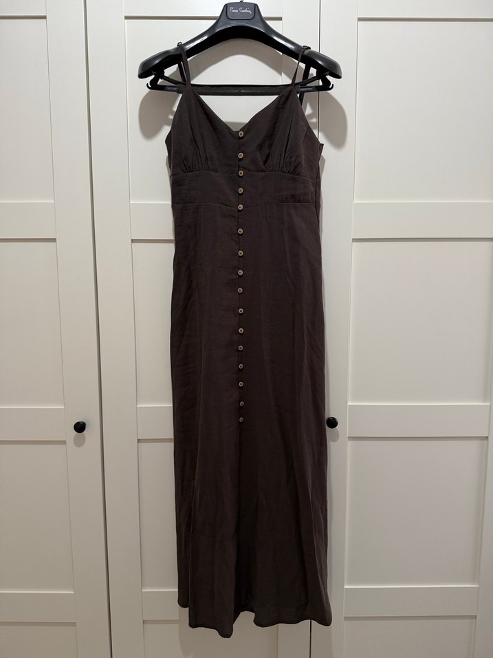 Düğmeli Koyu Kahve Keten Uzun Elbise - Görsel 2