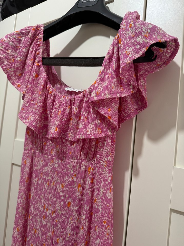 Pembe Uzun Volanlı Bohem Elbise - Görsel 2