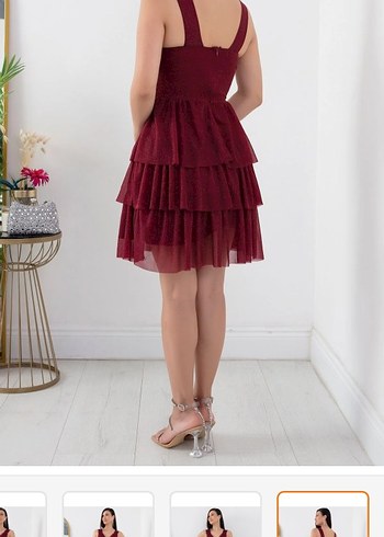 Bordo V Yaka Drapeli Midi Mezuniyet Elbisesi - Görsel 3