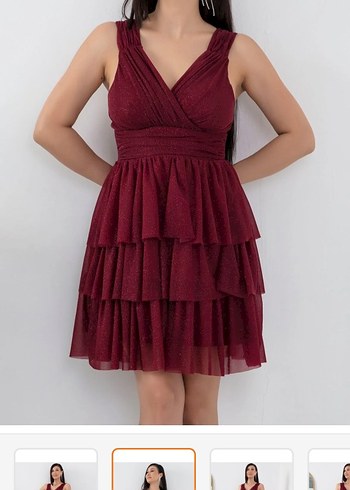 Bordo V Yaka Drapeli Midi Mezuniyet Elbisesi - Görsel 4