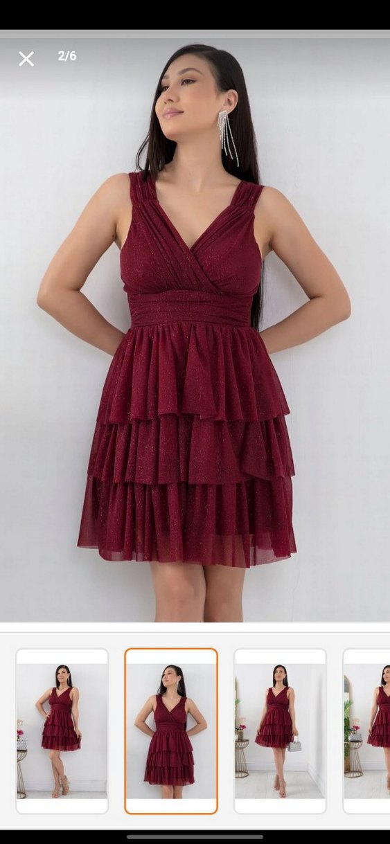 Bordo V Yaka Drapeli Midi Mezuniyet Elbisesi - Görsel 4