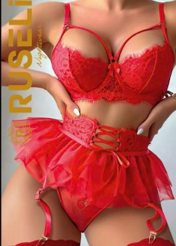 Kırmızı Dantelli Mini Gecelik Takım - Görsel 2