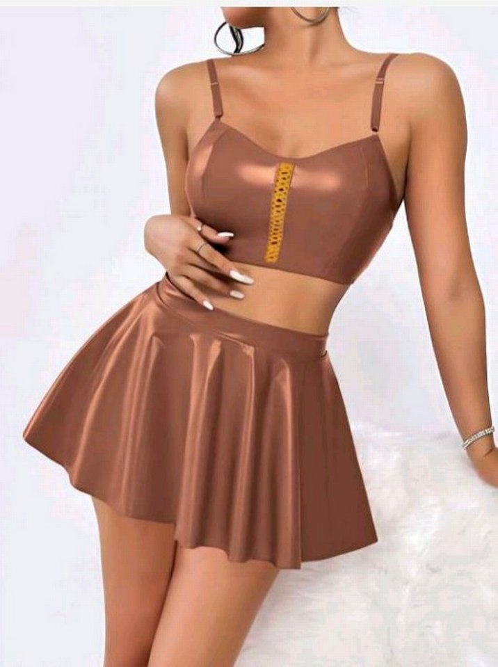 Parlak Kırmızı Deri Mini Gecelik Takım - Görsel 3