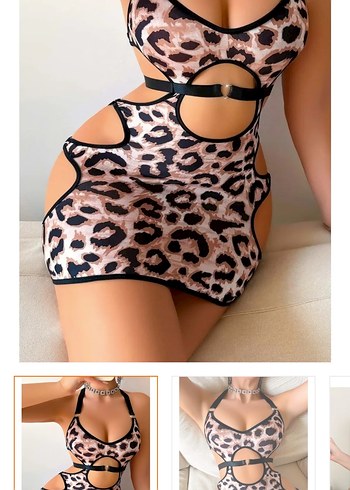 Leopar Desenli Mini Strappy Kadın Gecelik