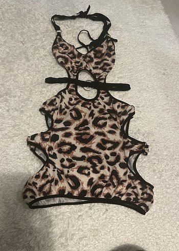 Leopar Desenli Dantel Detaylı Strappy Monokini