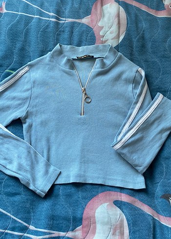 Mavi Yarım Fermuarlı Kadın Sweatshirt