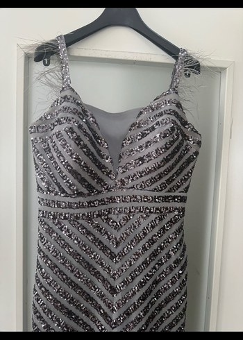 Gri Payetli V Yakalı Uzun Abiye Elbise - Görsel 5