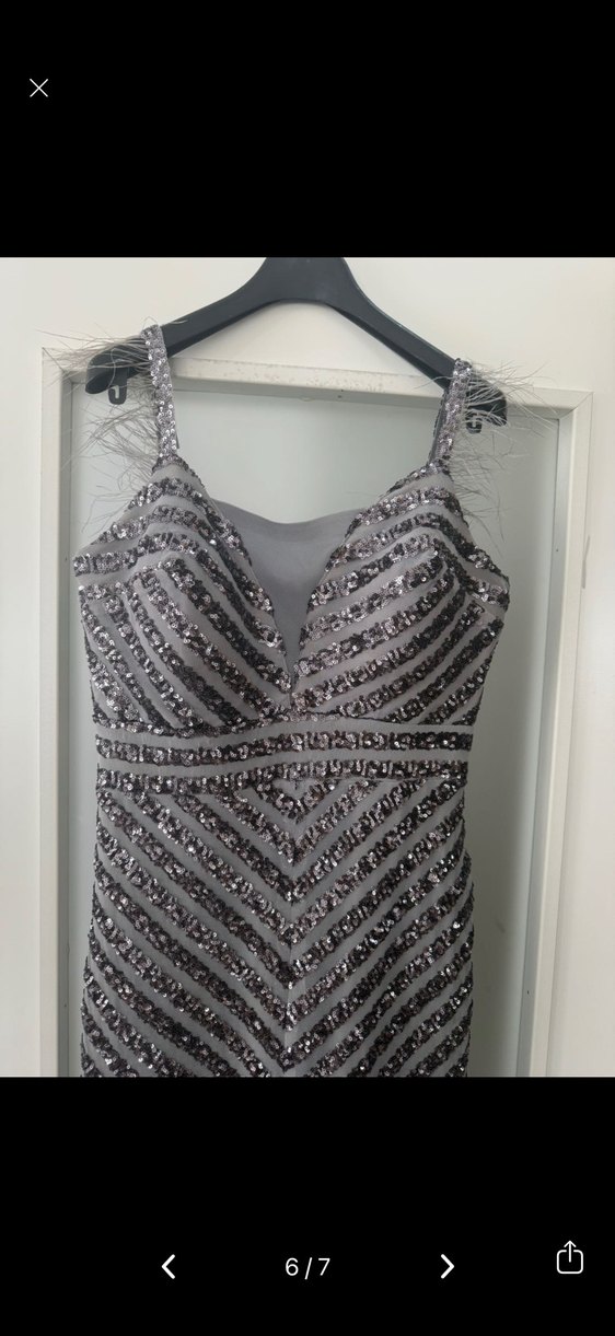 Gri Payetli V Yakalı Uzun Abiye Elbise - Görsel 5