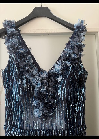 Uzun Lacivert Straplez Volanlı Bohem Pullu abiye - Görsel 3