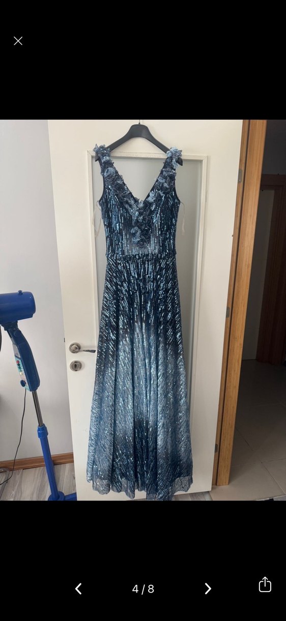 Uzun Lacivert Straplez Volanlı Bohem Pullu abiye - Görsel 4