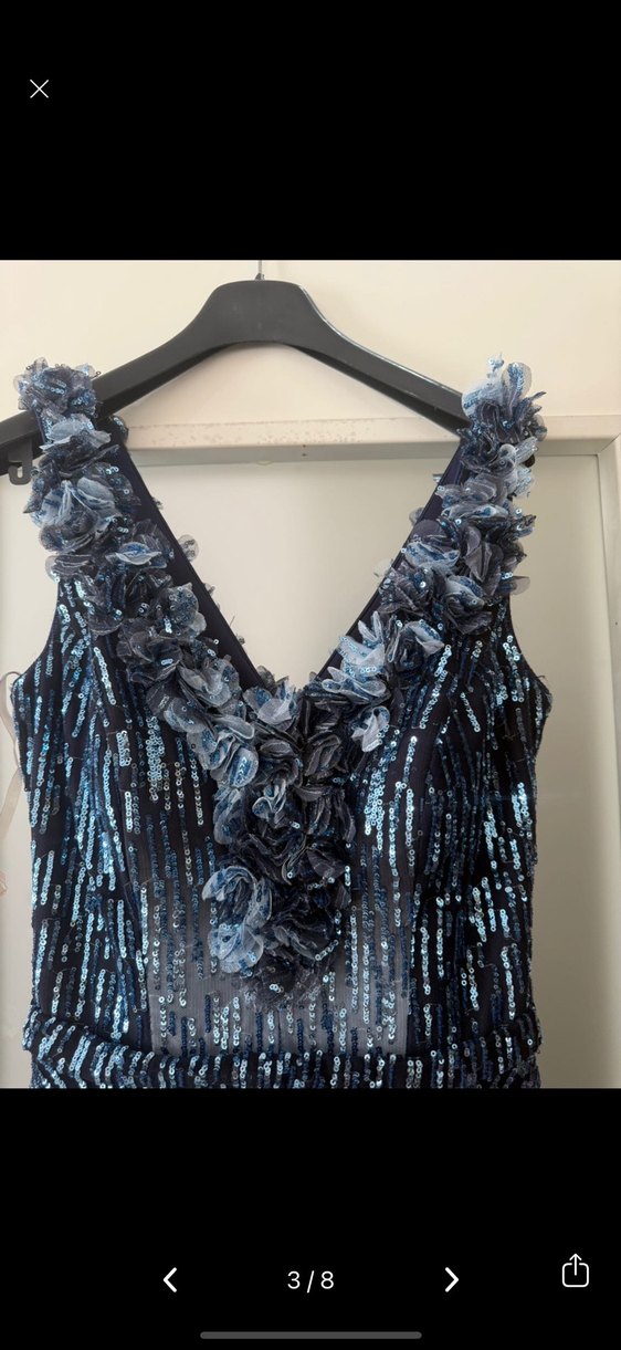 Uzun Lacivert Straplez Volanlı Bohem Pullu abiye - Görsel 3