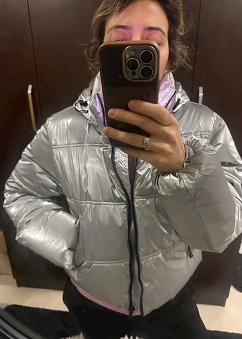 Kadın Gri Metalik Midi Mont, Fermuarlı, Yüksek Yaka - Görsel 5