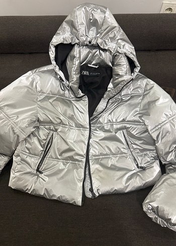 Kadın Gri Metalik Midi Mont, Fermuarlı, Yüksek Yaka - Görsel 9