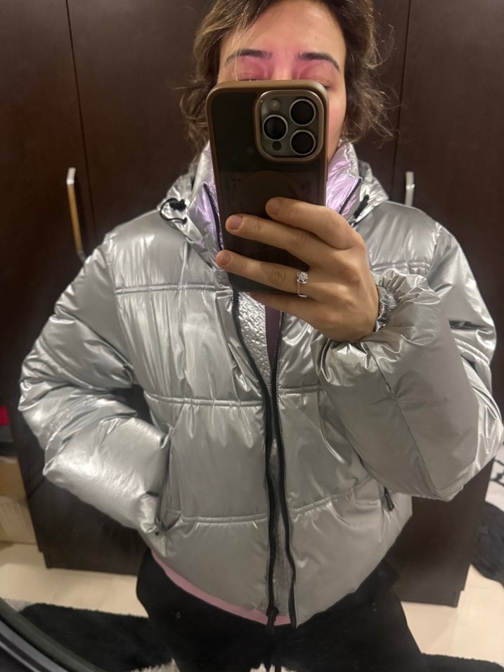 Kadın Gri Metalik Midi Mont, Fermuarlı, Yüksek Yaka - Görsel 5