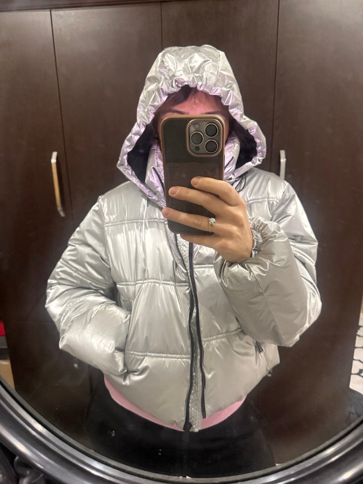 Kadın Gri Metalik Midi Mont, Fermuarlı, Yüksek Yaka - Görsel 4